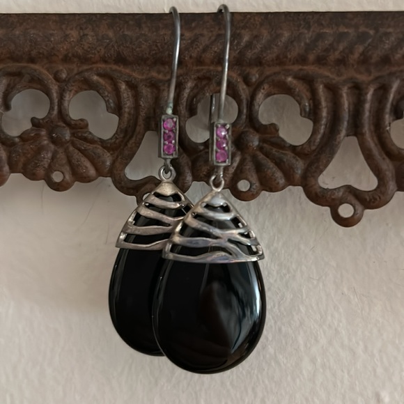 Vintage David Sigal 925 Sterling Onyx Ruby Earrings - Picture 13 of 14
